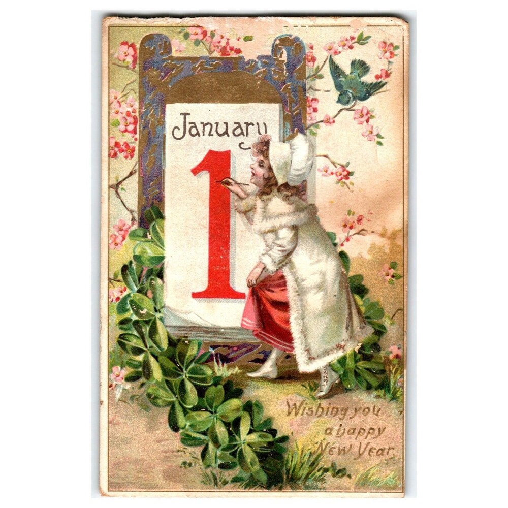 Tuck's 1910 New Year Postcard - Girl Painting January 1st Calendar